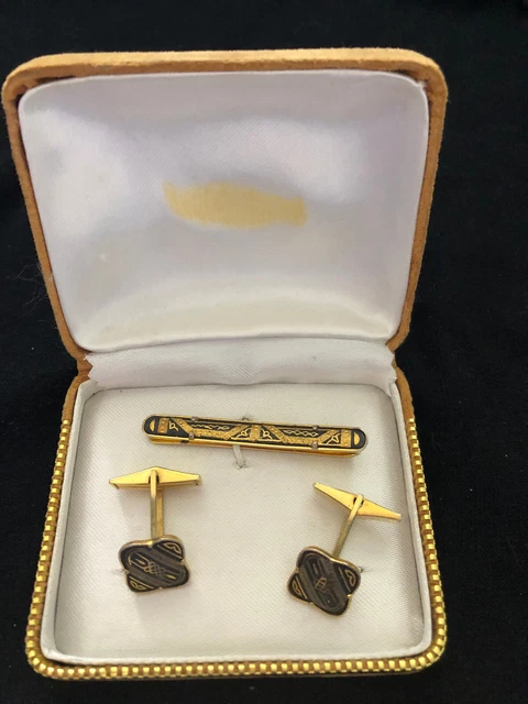 Boutons De Manchettes + Épingle à Cravate Vintage - Laiton Et Nacre - Occasion