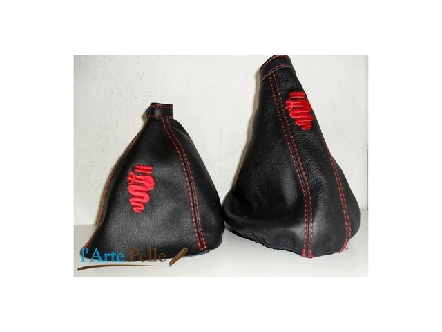 Alfa Romeo 147 Gear Knob And Brake Handle Set, Black Leather With White Embroidery, L'Arte Pelle