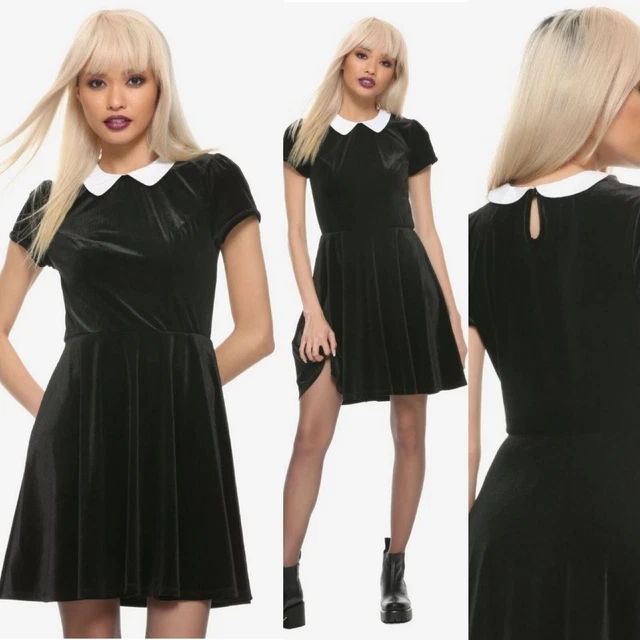 Hot Topic Wednesday Addams Black Velvet Dress W/White Peter Pan Collar Sz M NWOT