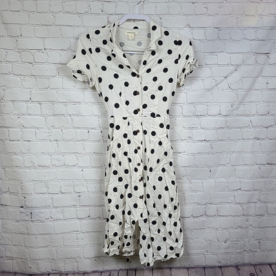 Monteau White/Black Polka Dot Linen Dress Short Sleeve Midi Button Down