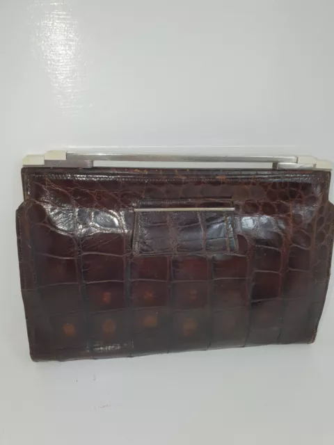 Art deco vintage 1930s crocodile clutch bag with chrome and Bakelite frame