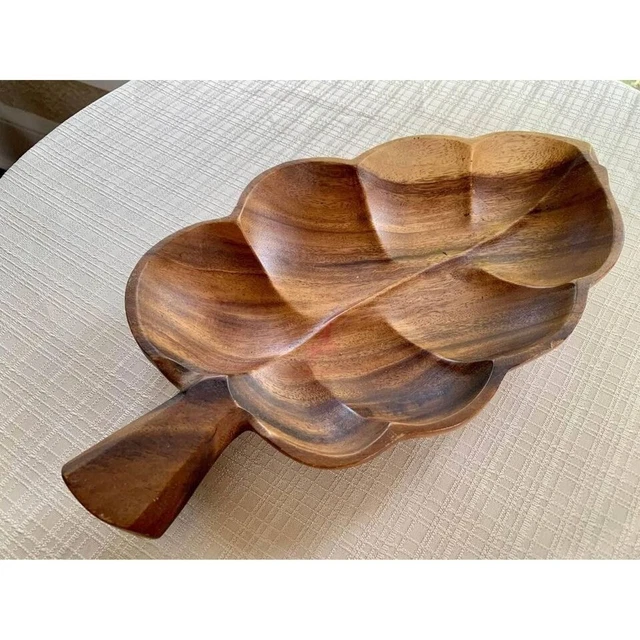 Vintage Monkey Pod Wooden Leaf Shaped Divided Tray