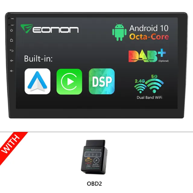 OBD+Double Din 10.1" 8-Core Android 10 wireless CarPlay Car Stereo GPS Bluetooth