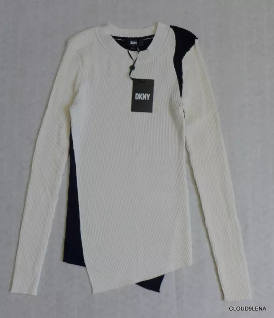 NWT DKNY Asymmetric Ribbed Knit ColorBlock Pullover Sweater XS/ML/XL Cream/Black