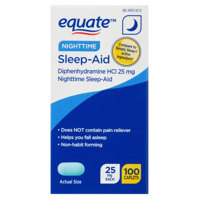 Cápsulas de alivio de sueño nocturno Equate difenhidramina HCl, 25 mg, 100 unidades