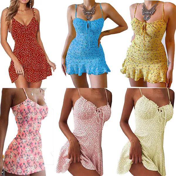 Donna Floreale Boho Sexy Estivo con Cinturino Abito Vacanza Mare Mini Prendisole