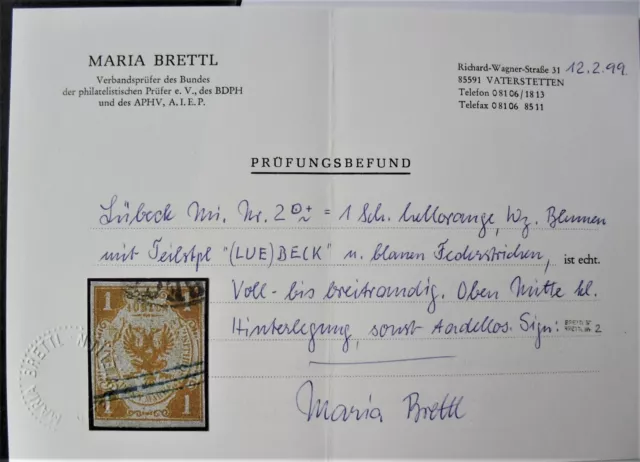 1859 Mi:3000,- MiNr 2 Wappen 1 S schwärzlichorange gestempelt Befund Brettl BPP 2