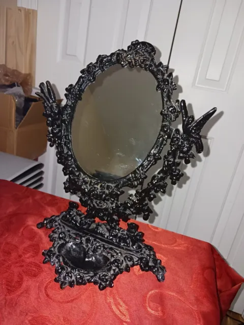 Vintage Black Rococo Oval Table Brass Cast Iron Mirror Table Standing Mirror