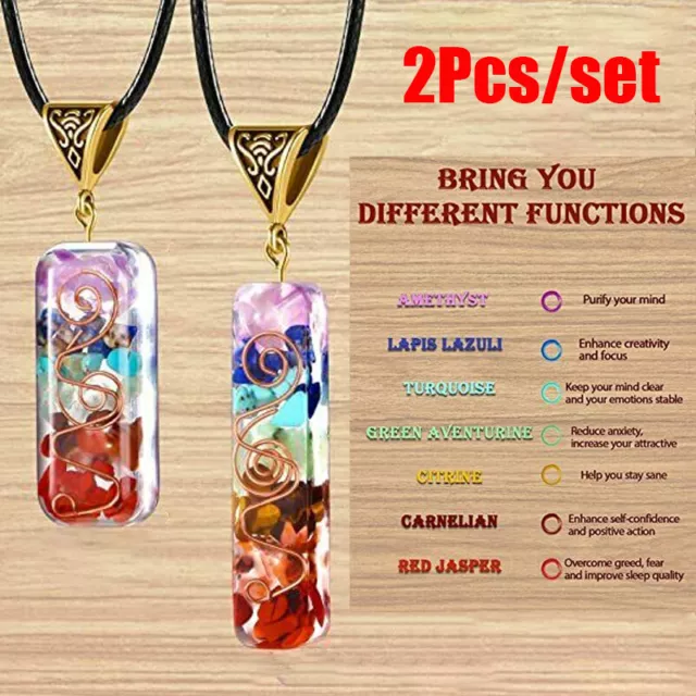 2PCS 7 Chakra Reiki Healing Yoga Natural Stone Pendant Necklace Unisex Jewellery