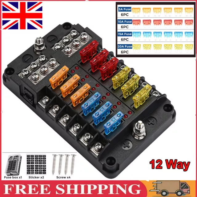 12Way 12V 24V Blade Fuse Box Holder & 24 Standard Blade Fuses For Car Camper Van