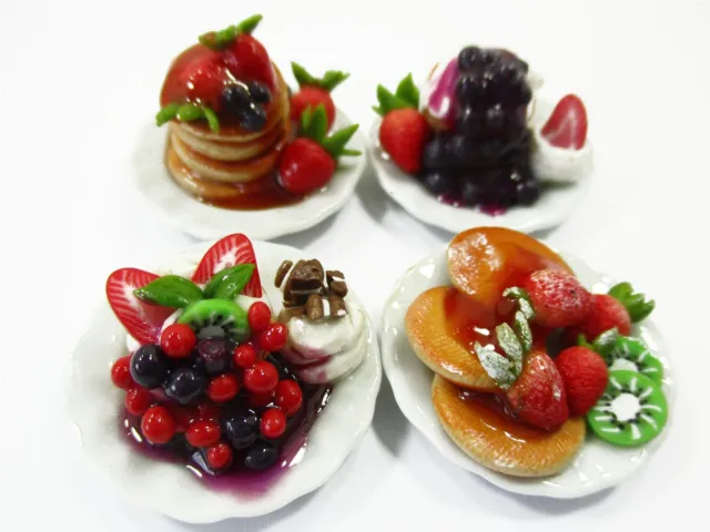 Dollhouse Miniature Food 4 Ceramic Plate Dessert Bakery Fruit Pancake 15940