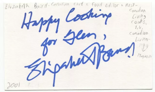 Elizabeth Baird Signed 3x5 Index Card Autographed Signature Canadian Living Chef