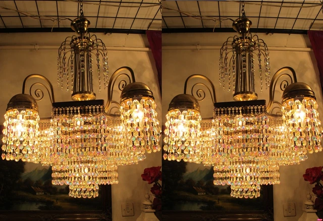 PAIR OF Antique Vintage 4 arms French Crystal Chandelier Light 1960s 17 in RARE