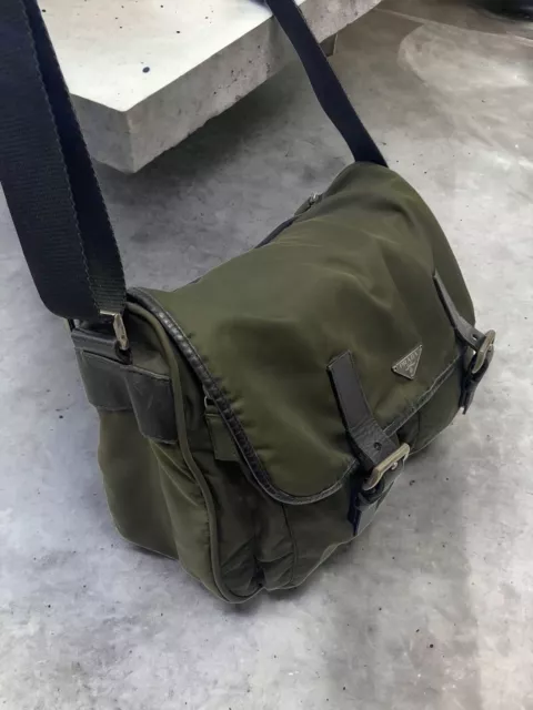 Prada Unisex Medium Olive Green And Black Nylon Messenger Bag