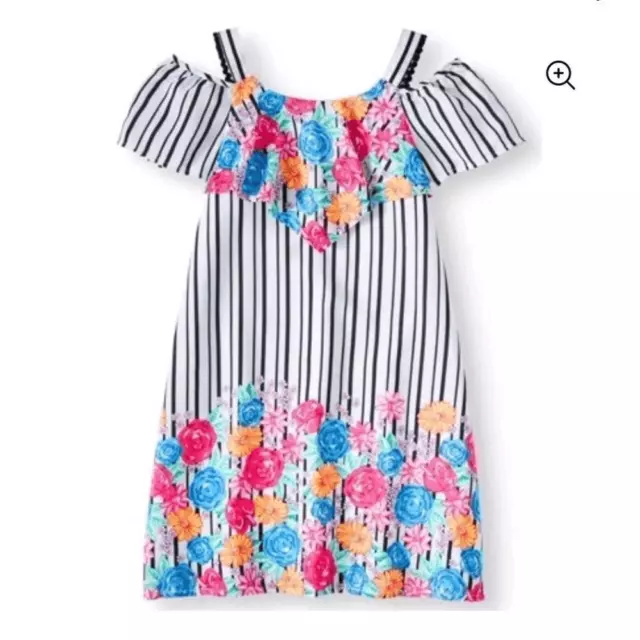 Wonder Nation Black Stripe Floral Ruffle Cold Shoulder Dress Girls Size 7-8 poms
