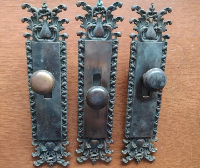 Three Antique Victorian Fancy Bronze French Double Door Top Mount Bolts c1885