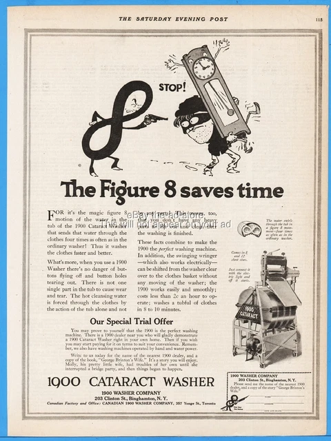 1920 Cataract 1900 Washer Binghamton NY Washing Machine Figure 8 Saves Time Ad