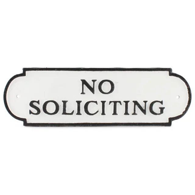 Cast Iron No Soliciting Sign, Rustic Black and White, w/Mounting Hardware