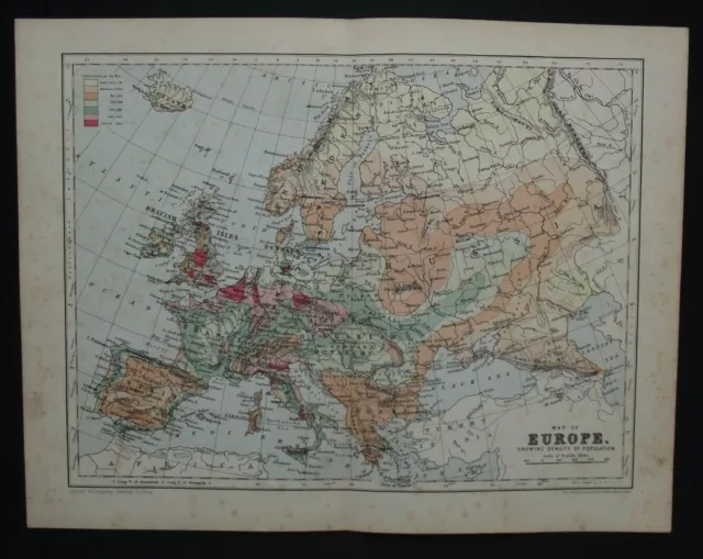 Antique Map: Europe Population by W & A K Johnston, Cassell's Encyclopedia, 1907