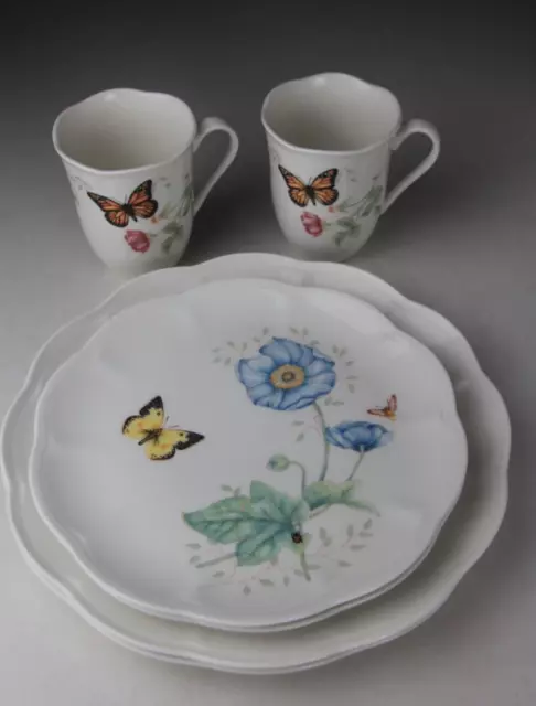 LENOX 6pc Set For 2 BUTTERFLY MEADOW Dinner, Salad Plates & Mugs Lot