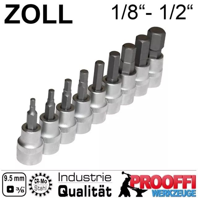 9 tlg. Zoll Stecknuss 1/8" - 1/2" für Inbus Schraube Ratschen Antrieb 3/8" HIN38 3