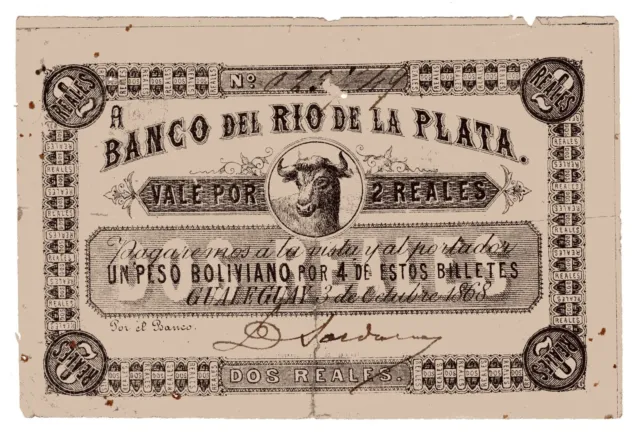 ARGENTINA Banco del Rio de la Plata 2 Reales 1868 Rare Banknote Cow