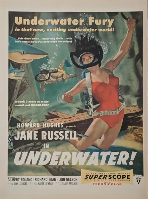 1955 Vintage Underwater Movie Print Ad, Howard Hughes, Jane Russell