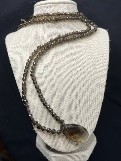 35” Long Faceted Smoky Quartz Bead Necklace w/ Teardrop Pendant & 14K Clasp
