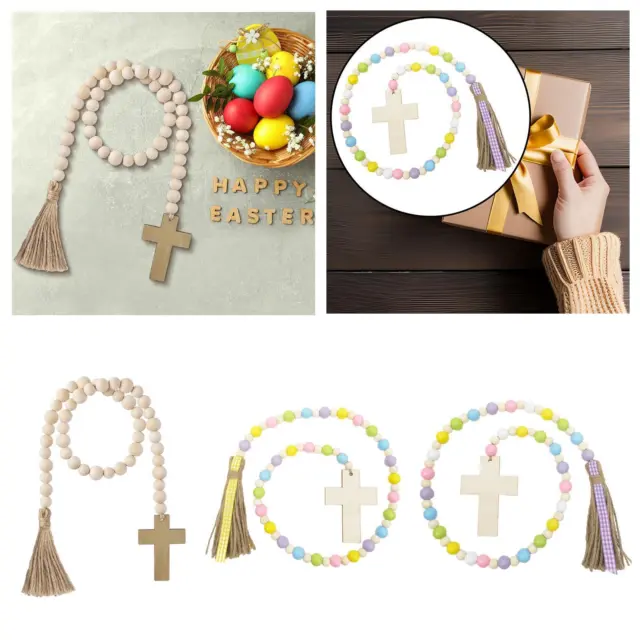 -Wooden Bead Garland, Easter Decorations, Jesus Cross Ornaments with Tassels for