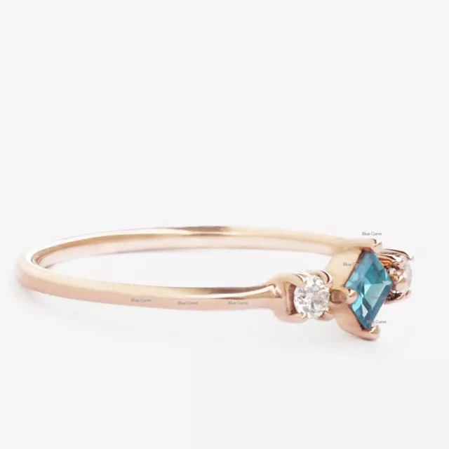 14K ROSE GOLD Princess Aquamarine Diamonds 3 Stone Ring Christmas ...