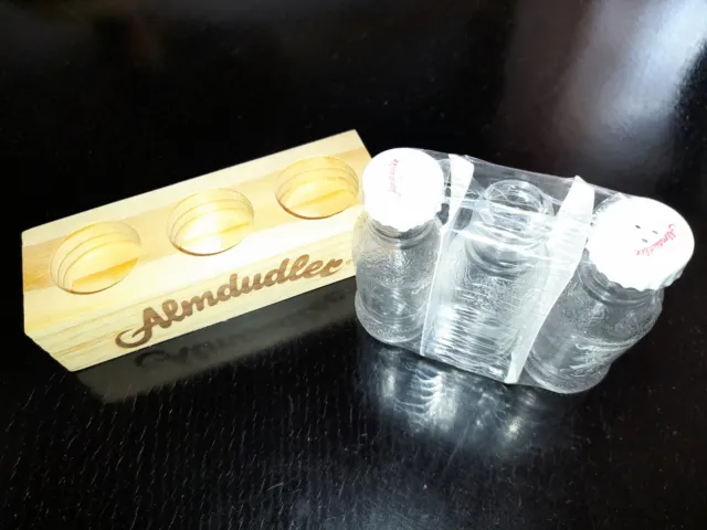 Original ALMDUDLER Menage Salz- und Pfeffer-Set Flaschen mit Holzaufsteller RAR