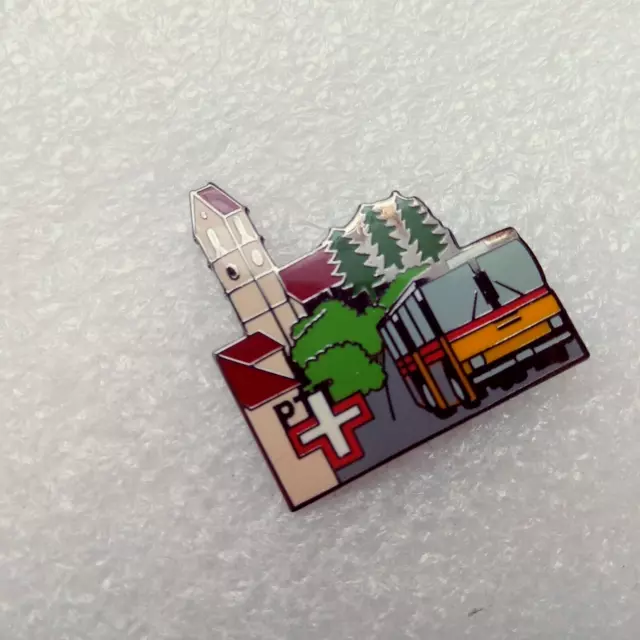 Pin's Lapel pin pins AUTOBUS BUS PTT LA POSTE SUISSE Eglise Sapins EGF Signé 2