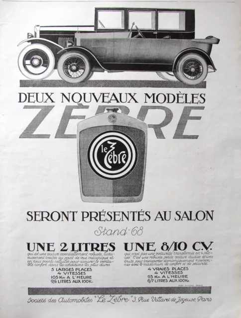 Publicité De Presse 1924 Deux Modèles Automobiles Zèbre Une 2 Litres Une 8/10 Cv