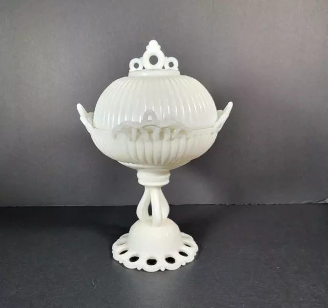 Westmorland Milk Glass Doric Lace Pedestal Covered Candy Dish/Compote 2