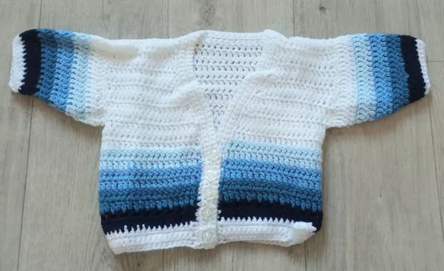 Cardigan vintage fatto a mano bambino/ragazza bianco blu lavorato a maglia fino a 3 mesi