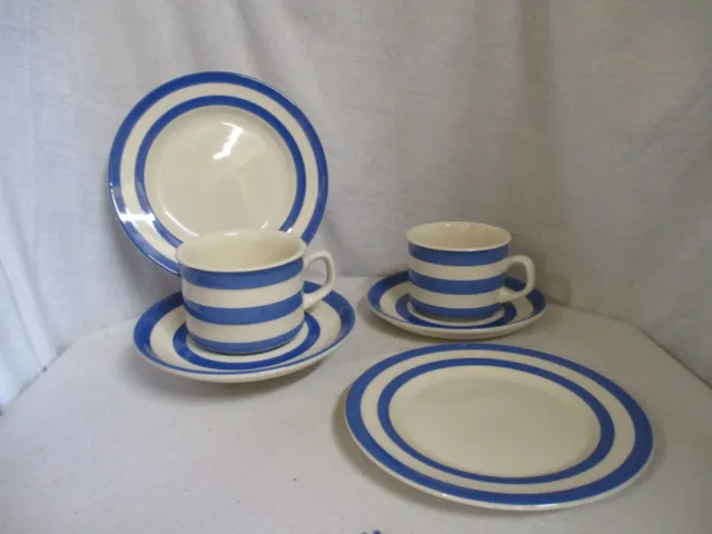 Cornishware T G GREEN BLUE & WHITE Cloverleaf TRIOS x 2 Cups Saucers Plates
