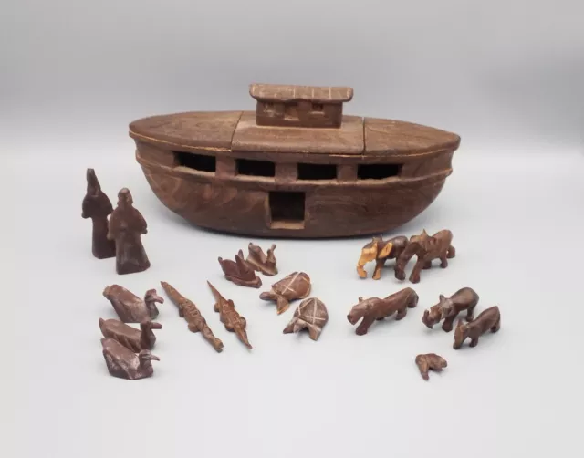 African hand carved wooden noahs ark & animals folk art