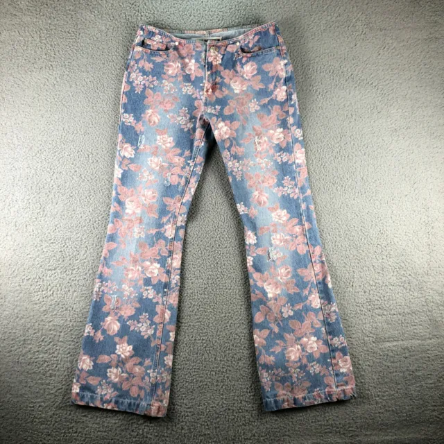 Joe Boxer Distressed Demin Jeans Jr Womens Sz 9 Pink Flower Print Flared Leg