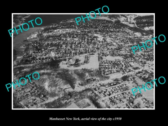 OLD LARGE HISTORIC PHOTO OF MANHASSET NEW YORK AERIAL VIEW OF THE CITY c1950