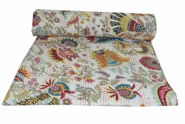 Edredón Kantha hecho a mano indio con estampado Mukut colcha manta de algodón doble