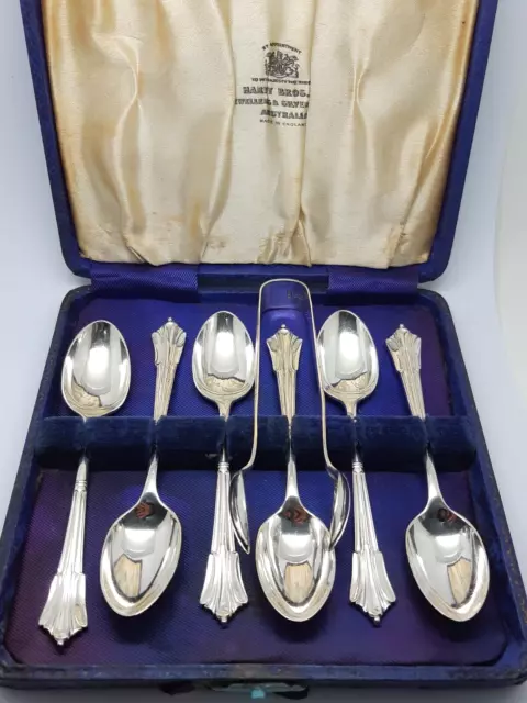 Antique Vintage EPNS Silver Plated 6 Teaspoon & Tongs Set ‘IAG’ Monogram English