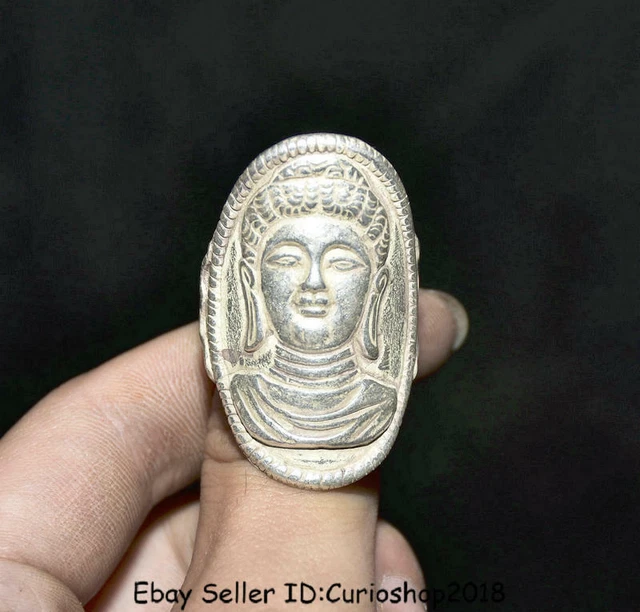 1.8" Old Silver Dynasty Palace Tibet Shakyamuni Buddha Bust finger Ring Rings