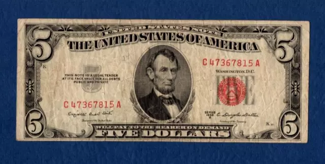 1953B United States Note $5 Dollar Bill Red Seal Avg Circulated - C47367815A