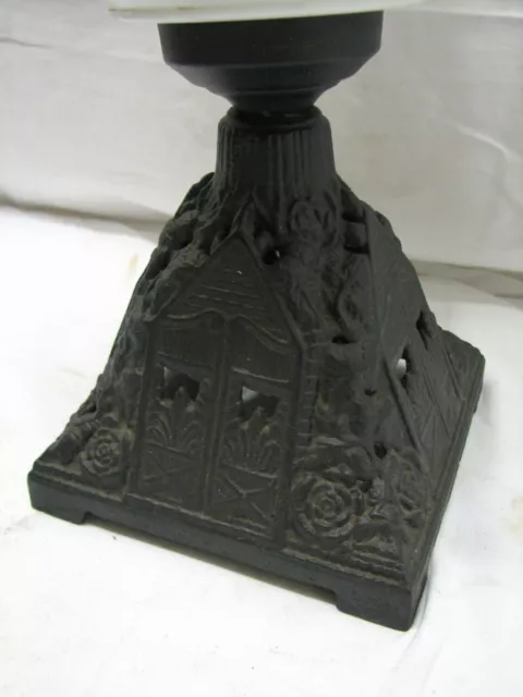 Early Ornate Cast Iron Base Oil Milk Glass P&A Fluid Lamp Light Floral Transfer 3