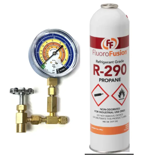 R–290 Large 14 oz Can, FluoroFusion, Refrigerant Grade Propane, PV14-Taper-Gauge