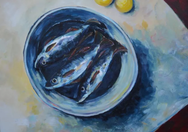 R. Nordstrom - Original Oil Painting - 3 Fish on a Plate Lemons - "A Fine Kettle 3