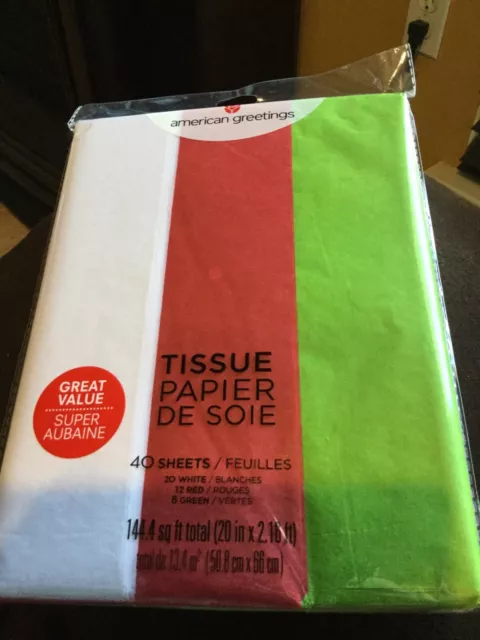 NIB AMERICAN GREETING TISSUE PAPER 40 SHEETS 20wht/12red/8green (20inx2.16ft)