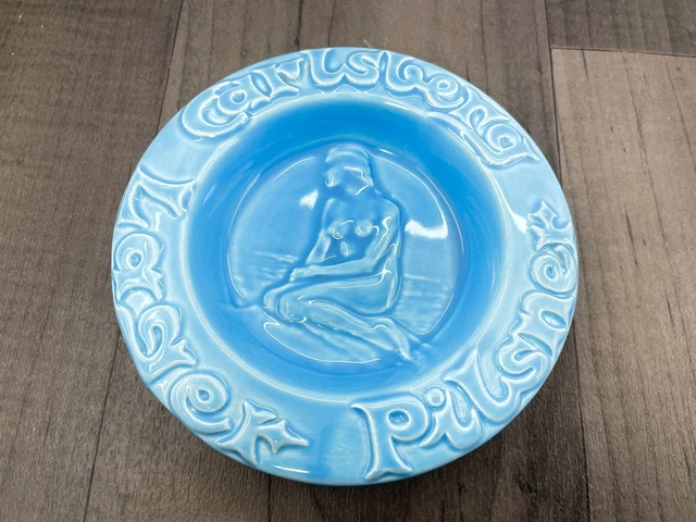 Danish Carlsberg Pilsner Lager Ashtray Mermaid Rare Pale Blue Authentic Vintage