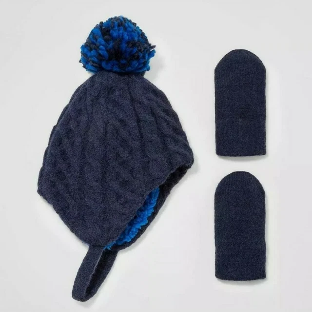 New Baby Boys' Cable Knit Beanie with Magic Mittens - Cat & Jack  Navy 6-12M