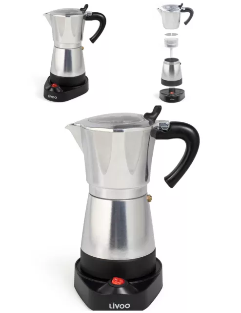 Cafetière italienne électrique Grise INOX 6 tasses socle pivotant à 360° témoin